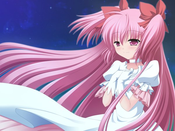 Anime picture 1200x900 with mahou shoujo madoka magica shaft (studio) kaname madoka goddess madoka jun 11 single long hair blush smile pink hair pink eyes two side up girl dress gloves