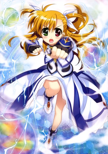 Anime picture 2869x4096 with mahou shoujo lyrical nanoha takamachi vivio fujima takuya single long hair tall image looking at viewer blush highres open mouth blonde hair scan two side up heterochromia girl dress gloves bow hair bow fingerless gloves