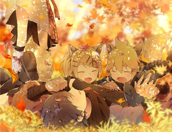 Anime picture 938x725 with vocaloid kagamine rin kagamine len kaito (vocaloid) sinaooo blush fringe short hair blonde hair hair between eyes standing animal ears outdoors tail lying eyes closed animal tail sunlight on back alternate costume