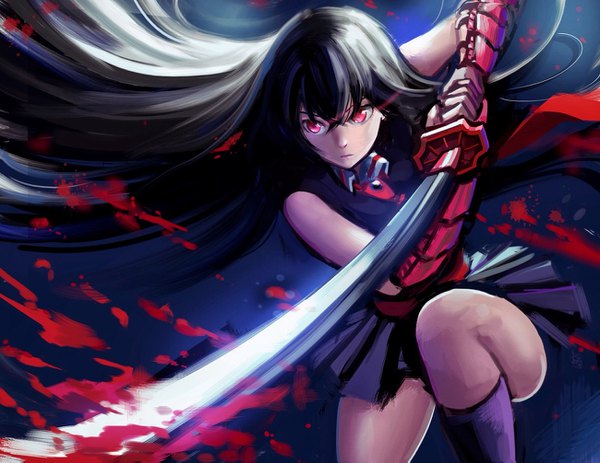 Anime picture 1300x1005 with akame ga kill! white fox akame (akame ga kill!) qosic single long hair fringe black hair hair between eyes red eyes bare shoulders holding sleeveless kneeling floating hair fighting stance girl skirt weapon miniskirt