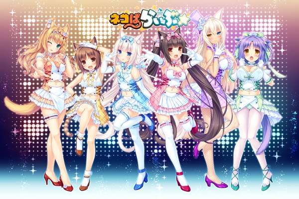 Anime picture 1920x1280 with neko paradise neko works (studio) vanilla (nekopara) chocola (nekopara) coconut (sayori) maple (sayori) cinnamon (sayori) azuki (sayori) minazuki shigure sayori long hair looking at viewer blush fringe highres short hair open mouth blue eyes black hair blonde hair