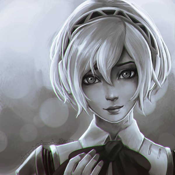 Anime picture 1024x1024 with persona 3 persona aegis koyoriin single looking at viewer fringe short hair smile hair between eyes signed lips watermark monochrome portrait close-up girl headband