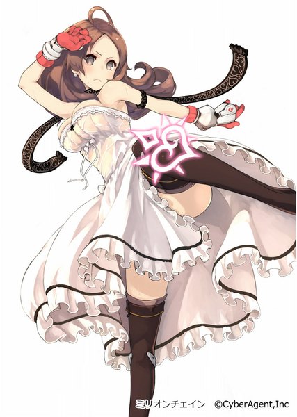 Anime picture 711x1000 with million chain keypot single long hair tall image light erotic brown hair white background bare shoulders brown eyes sweat standing on one leg leg up girl thighhighs dress gloves black thighhighs frills