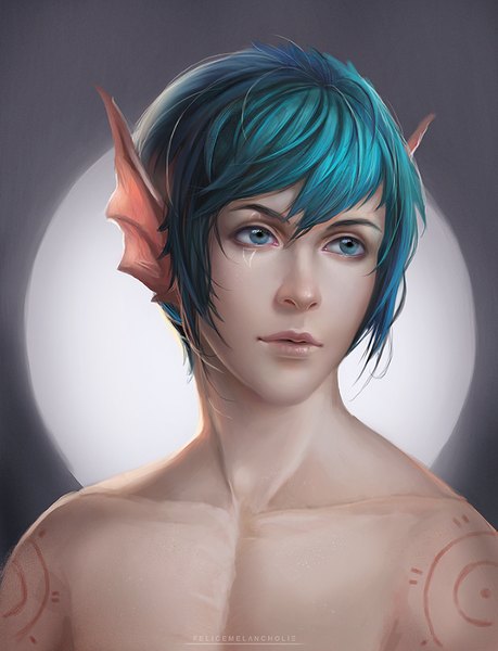 Anime picture 765x1000 with felicemelancholie single tall image fringe short hair blue eyes blue hair looking away lips realistic bodypaint shirtless mutation boy