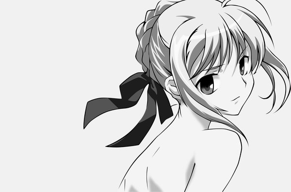 Anime picture 3000x1985 with fate (series) fate/stay night studio deen type-moon artoria pendragon (all) saber single fringe highres simple background white background bare shoulders looking back monochrome vector girl ribbon (ribbons) hair ribbon