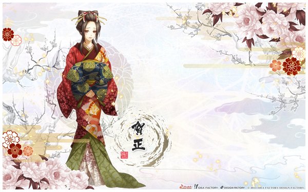 Anime picture 1920x1200 with hakuouki shinsengumi kitan studio deen chizuru yukimura single long hair highres black hair wide image brown eyes traditional clothes japanese clothes inscription girl hair ornament flower (flowers) plant (plants) kimono obi