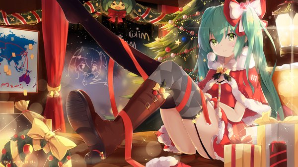 Anime picture 2039x1147 with vocaloid hatsune miku asahi kuroi single looking at viewer highres light erotic wide image twintails very long hair aqua eyes aqua hair pantyshot christmas girl dress underwear panties ribbon (ribbons) bow