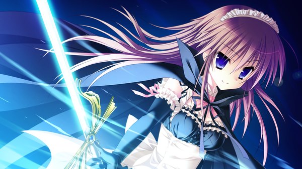 Anime picture 1280x720 with hatsuyuki sakura kozakai aya toranosuke long hair brown hair wide image purple eyes game cg maid girl gloves weapon sword elbow gloves frills headdress maid headdress cape