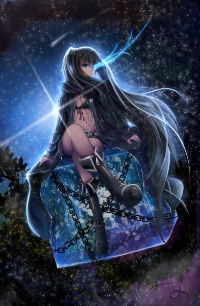 Anime picture 1700x2600 with black rock shooter black rock shooter (character) dxy single long hair tall image fringe blue eyes black hair sitting twintails signed looking away night open clothes open jacket bare belly night sky crossed legs glowing