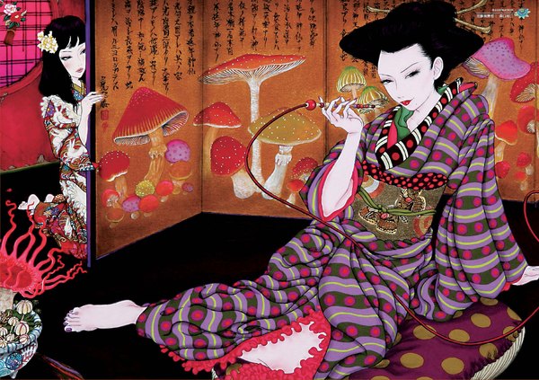 Anime picture 1280x904 with tagme (copyright) moriguchi yuuji black hair multiple girls signed japanese clothes barefoot hair flower pale skin smoking girl hair ornament flower (flowers) 2 girls kimono mushroom (mushrooms) hookah