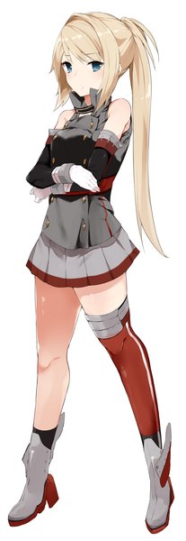 Anime picture 650x1882 with kantai collection original akiha (attract) kskasutera single long hair tall image looking at viewer blue eyes simple background blonde hair standing white background crossed arms girl thighhighs skirt gloves detached sleeves miniskirt
