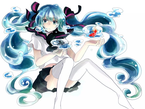 Anime picture 1500x1125 with vocaloid hatsune miku bottle miku ayanemuuuuuu single looking at viewer simple background white background twintails very long hair aqua eyes aqua hair liquid hair girl thighhighs skirt ribbon (ribbons) hair ribbon miniskirt white thighhighs