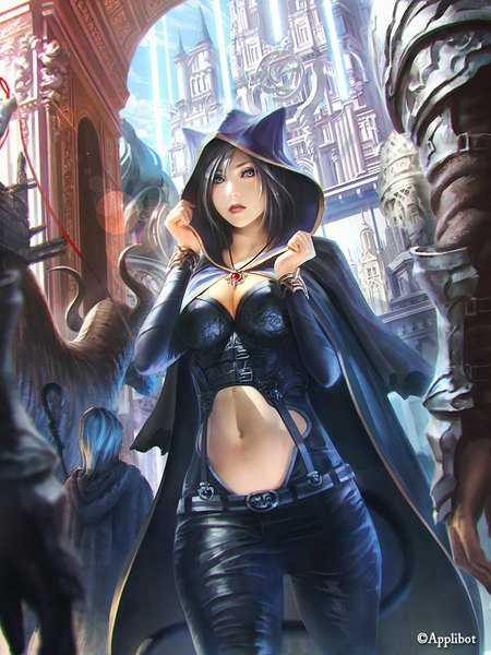 Anime picture 850x1133 with lie-on tall image looking at viewer fringe short hair breasts blue eyes black hair animal ears cleavage tail animal tail lips cat ears bare belly from below cat tail eyebrows walking center opening