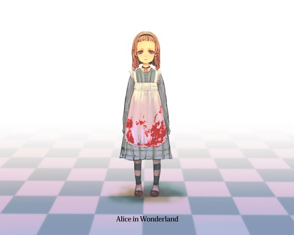 Anime picture 1280x1024 with alice in wonderland alice (wonderland) dohi (bonno) single brown hair standing loli girl thighhighs dress hairband blood apron striped thighhighs