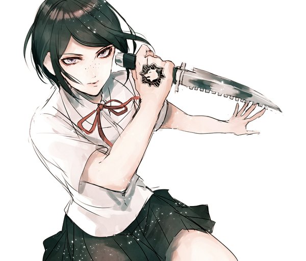 Anime picture 967x827 with dangan ronpa ikusaba mukuro sakuyu single looking at viewer fringe short hair black hair white background holding pleated skirt pink eyes wind short sleeves tattoo outstretched arm freckles girl skirt weapon