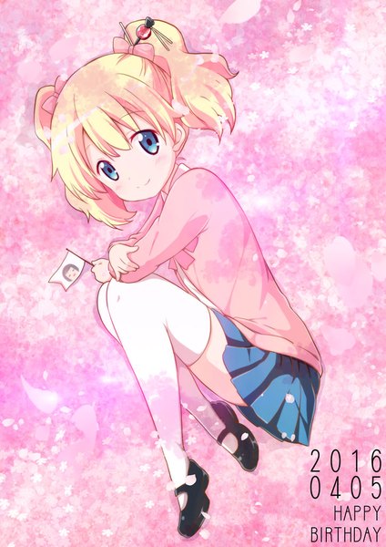 Anime picture 724x1024 with kin-iro mosaic alice carteret ragho no erika single tall image looking at viewer blush short hair blue eyes blonde hair smile twintails full body zettai ryouiki cherry blossoms dated short twintails happy birthday spring embryo's pose