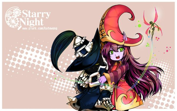 Anime picture 1550x972 with league of legends lulu (league of legends) veigar (league of legends) long hair open mouth green eyes purple hair pointy ears hug dark skin fairy girl hat