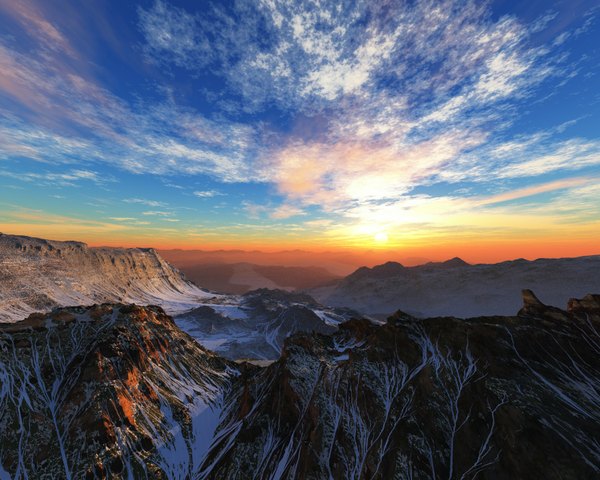 Anime picture 1800x1440 with original trbrchdm highres sky cloud (clouds) shadow snow horizon mountain landscape scenic morning sunrise sun