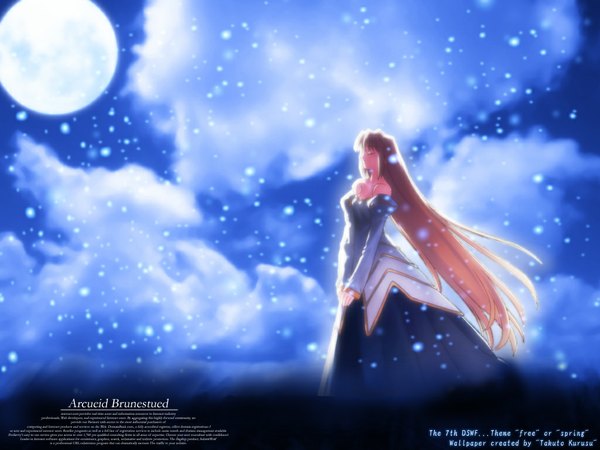 Anime picture 1024x768 with shingetsutan tsukihime type-moon arcueid brunestud single long hair blonde hair standing bare shoulders cloud (clouds) eyes closed profile night night sky floating hair light girl dress insect moon full moon