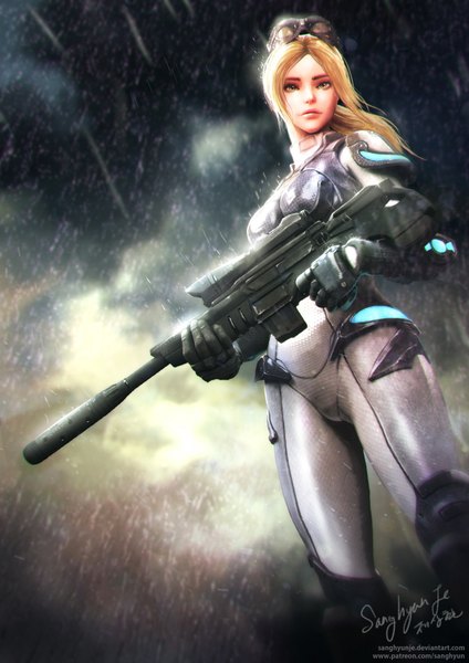 Anime picture 1240x1754 with starcraft blizzard entertainment nova (starcraft) sanghyunje single long hair tall image looking at viewer blonde hair green eyes lips eyebrows goggles on head girl weapon gun bodysuit goggles sniper rifle
