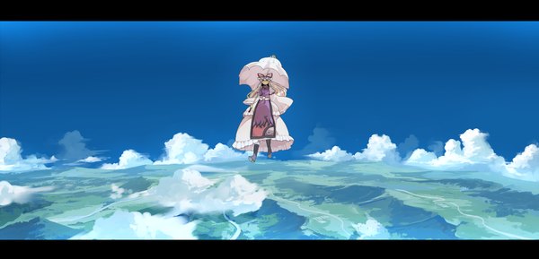 Anime picture 1200x579 with touhou yakumo yukari garnet-3a single long hair blonde hair wide image cloud (clouds) landscape giant girl dress umbrella bonnet