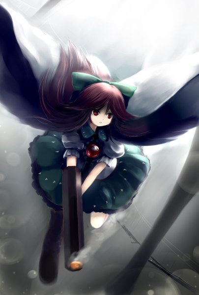Anime picture 1181x1748 with touhou reiuji utsuho abchipika single long hair tall image red eyes brown hair smoke flying arm cannon girl bow weapon hair bow wings bridge cave