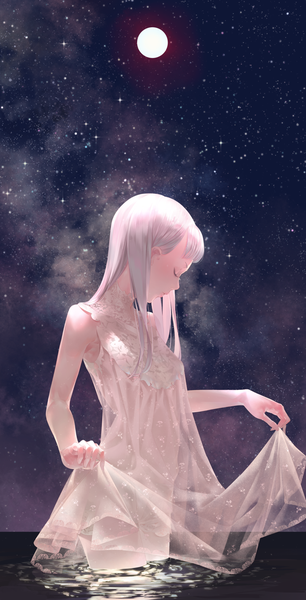 Anime picture 1000x1957 with original sousou (sousouworks) single long hair tall image fringe white hair blunt bangs eyes closed profile night night sky sleeveless partially submerged dress lift girl dress water moon star (stars)
