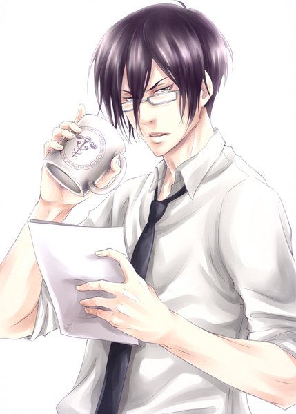 Anime picture 1280x1790 with psycho-pass production i.g nobuchika ginoza lorenamgrim single tall image short hair open mouth black hair simple background white background grey eyes open collar boy shirt glasses necktie white shirt paper mug