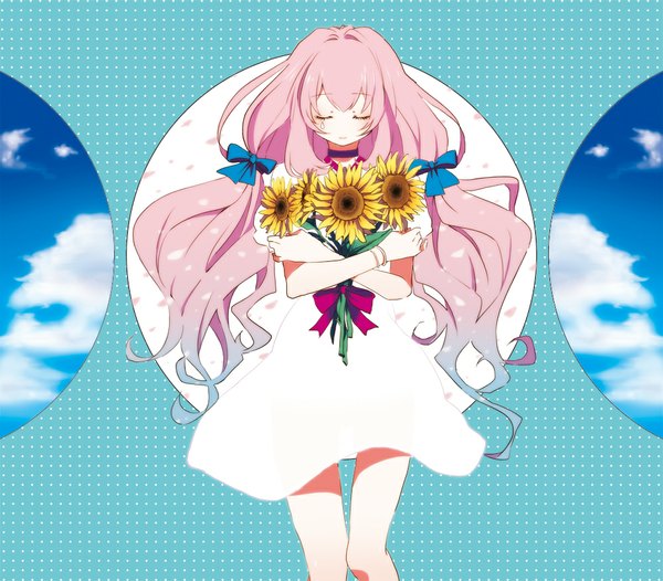 Anime picture 1000x877 with vocaloid megurine luka yui (rogusouku) single long hair pink hair sky cloud (clouds) eyes closed girl dress hair ornament flower (flowers) bow hair bow choker white dress jewelry teardrop sunflower