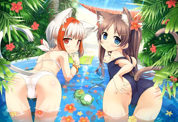 Anime picture 6750x4657 with monobeno sawai natsuha sumi (monobeno) cura long hair looking at viewer blush fringe highres short hair blue eyes light erotic red eyes brown hair twintails bare shoulders multiple girls animal ears absurdres ass