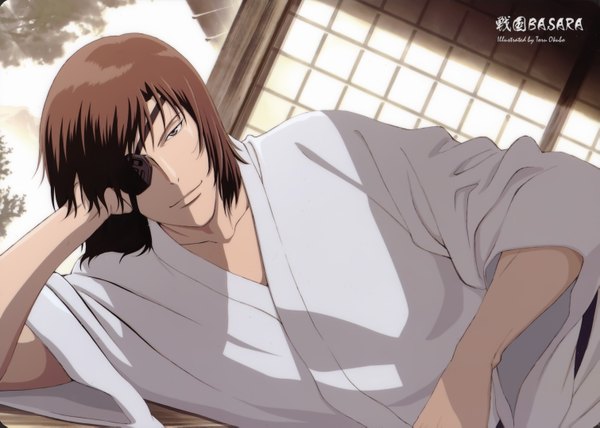 Anime picture 3017x2153 with sengoku basara production i.g date masamune single highres short hair smile brown hair brown eyes signed absurdres lying japanese clothes boy eyepatch yukata