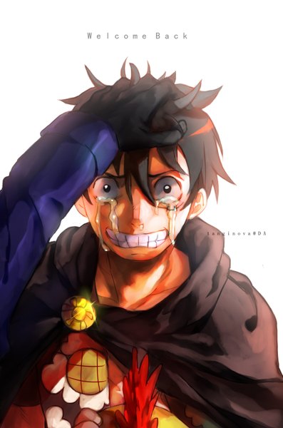 Anime picture 993x1500 with one piece toei animation monkey d. luffy sabo (one piece) tanginova tall image short hair black hair simple background white background black eyes inscription tears text hand on head english crying clenched teeth hand on another's head boy