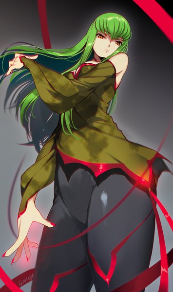 Anime picture 600x1012 with code geass sunrise (studio) c.c. creayus single long hair tall image looking at viewer fringe breasts light erotic simple background hair between eyes standing bare shoulders brown eyes signed cleavage long sleeves nail polish