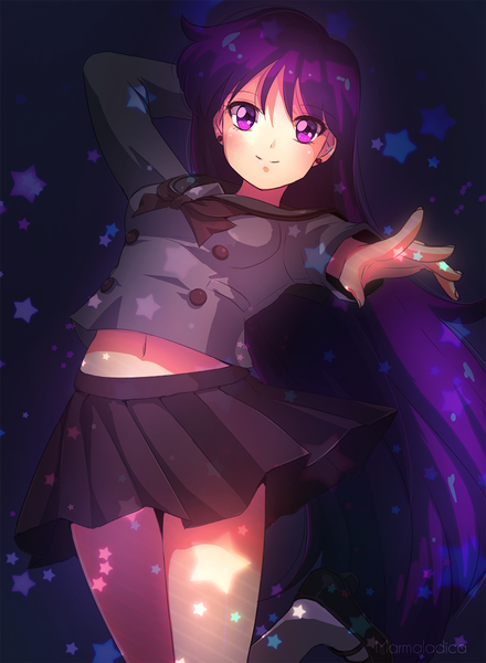 Anime picture 900x1228 with bishoujo senshi sailor moon toei animation hino rei marmalade (elfless vanilla) single long hair tall image looking at viewer blush smile standing purple eyes purple hair pleated skirt outstretched arm girl skirt navel star (symbol)