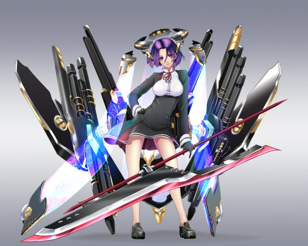 Anime picture 1200x960 with kantai collection tatsuta light cruiser big.g single looking at viewer short hair breasts simple background standing purple eyes purple hair grey background leaning leaning forward hand on hip girl gloves ribbon (ribbons) weapon black gloves