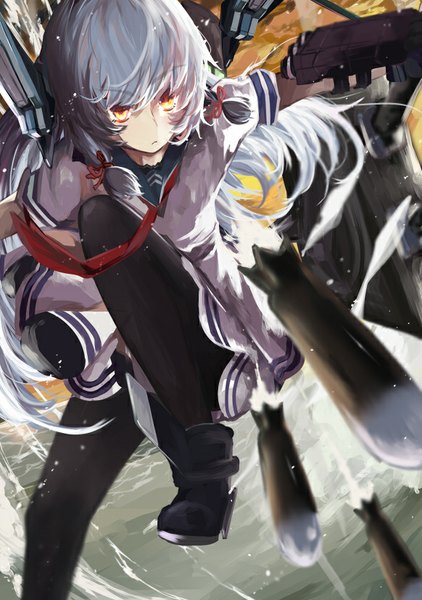 Anime picture 582x826 with kantai collection murakumo destroyer zairen single long hair tall image looking away bent knee (knees) grey hair blurry orange eyes evening sunset leg lift (legs lift) fighting stance tress ribbon girl uniform hair ornament ribbon (ribbons)