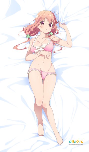 Anime picture 2955x5000 with hinako note sakuragi hinako single long hair tall image highres breasts light erotic large breasts twintails pink hair full body lying pink eyes barefoot on back copyright name low twintails groin dakimakura (medium)