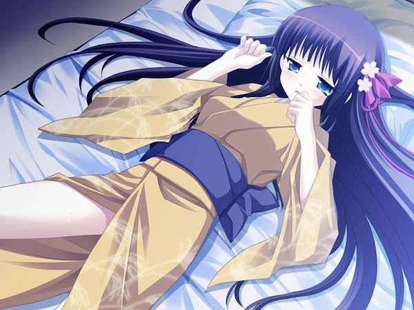 Anime picture 1024x768 with shiomizaki gakuen engekibu koi pure long hair blue eyes black hair game cg lying traditional clothes japanese clothes girl kimono