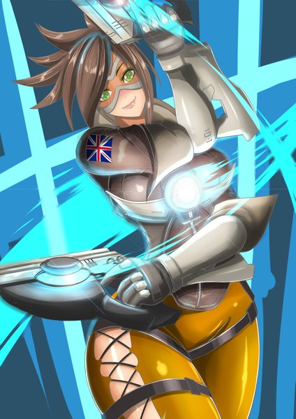 Anime picture 2893x4092 with overwatch blizzard entertainment tracer (overwatch) torahime (roland00) single tall image looking at viewer blush highres short hair smile brown hair green eyes lips girl weapon gun bodysuit pistol