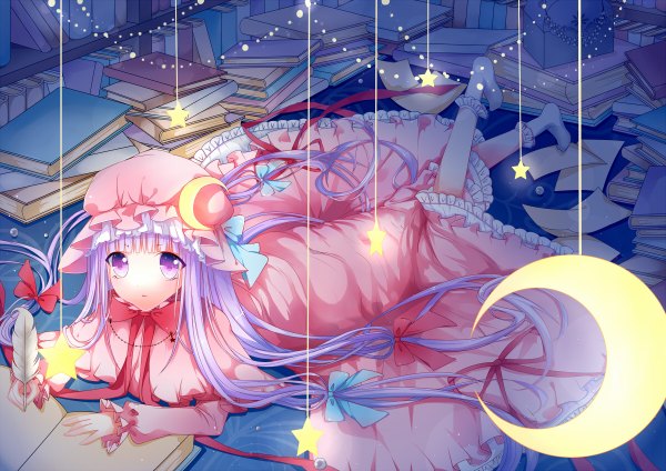 Anime picture 1200x848 with touhou patchouli knowledge suikako single long hair looking at viewer blush open mouth purple eyes white hair girl dress hair ornament ribbon (ribbons) hair ribbon hat socks star (symbol) book (books) moon