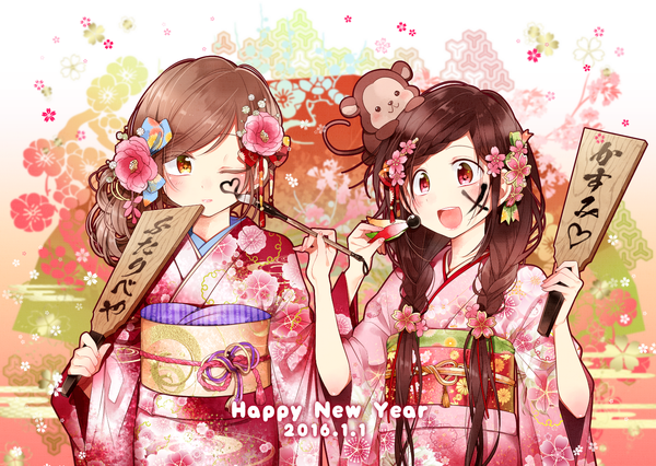 Anime picture 1500x1067 with original yukinokoe long hair blush open mouth red eyes brown hair multiple girls brown eyes traditional clothes japanese clothes one eye closed hair flower wink new year floral background happy new year girl hair ornament flower (flowers)