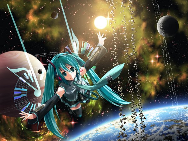 Anime picture 1024x768 with vocaloid hatsune miku kouji (astral reverie) twintails zettai ryouiki space girl thighhighs
