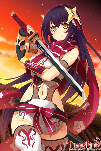 Anime picture 1280x1920 with venus blade hisenkaede single tall image blush fringe breasts light erotic large breasts standing signed yellow eyes purple hair very long hair nail polish alternate costume evening sunset fighting stance star print