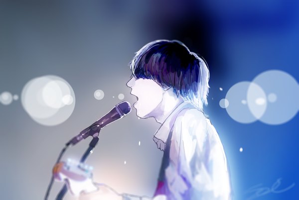 Anime picture 3756x2517 with original parel (artist) single highres short hair open mouth black hair absurdres sweat lens flare hair over eyes singing boy guitar microphone stand