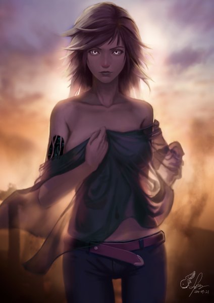 Anime picture 3508x4961 with original lepus single long hair tall image looking at viewer highres breasts light erotic brown hair large breasts standing bare shoulders absurdres sky cloud (clouds) sunlight bare belly white eyes mechanical