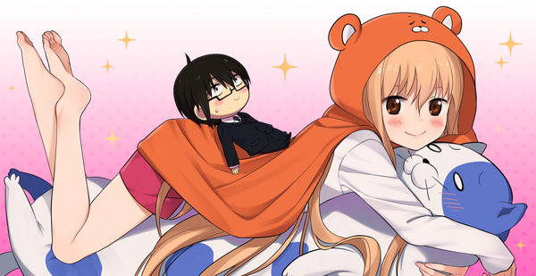 Anime picture 2260x1166 with himouto! umaru-chan doga kobo doma umaru eventh7 long hair looking at viewer blush highres blonde hair smile wide image brown eyes bare legs girl doll (dolls) character doll