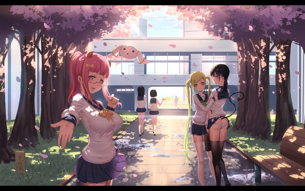Anime picture 2246x1410 with mahou shoujo madoka magica original shaft (studio) kyuubee hk (hak) long hair looking at viewer highres short hair blue eyes light erotic black hair blonde hair twintails multiple girls pink hair tail pink eyes horn (horns) cherry blossoms