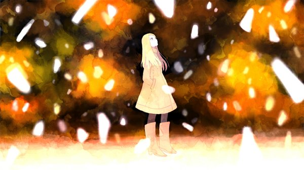 Anime picture 1000x562 with utau sokokoro single long hair blonde hair wide image standing full body snowing winter snow hands in pockets girl thigh boots coat