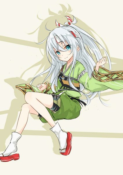 Anime picture 600x848 with kantai collection hibiki destroyer zuihou light aircraft carrier azuuru single long hair tall image looking at viewer blush smile silver hair ponytail japanese clothes aqua eyes shadow cosplay jpeg artifacts camouflage zuihou (kantai collection) (cosplay) girl