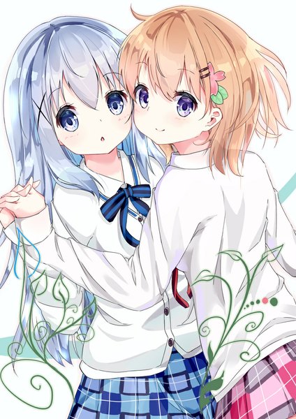 Anime picture 778x1100 with gochuumon wa usagi desu ka? white fox kafuu chino hoto cocoa hamaru (s5625t) long hair tall image looking at viewer blush fringe open mouth blue eyes simple background smile white background purple eyes multiple girls blue hair ahoge orange hair